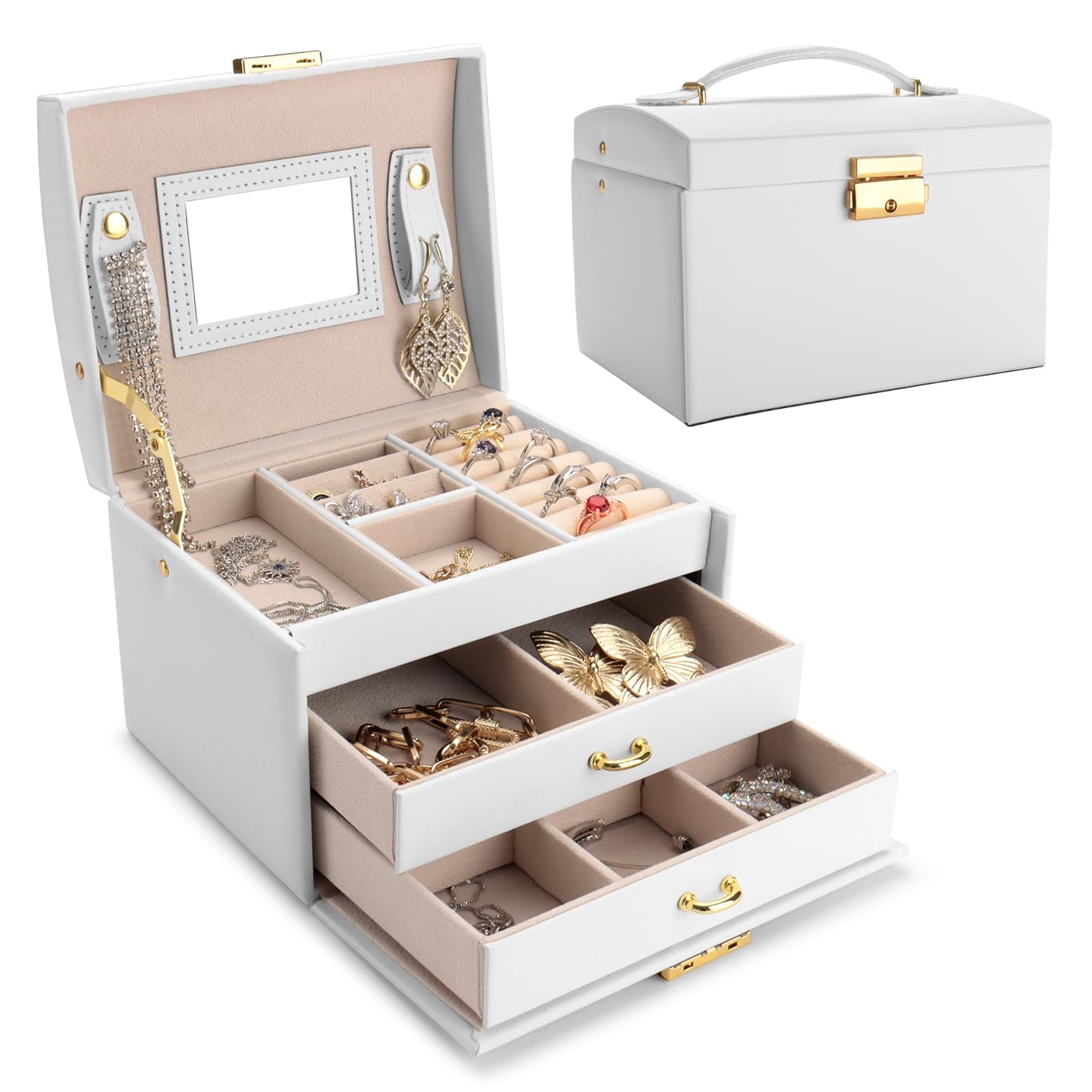 RUINENGDA 3 Layer Jewelry Box Lockable Jewelry Organizer Box with Mirror for Women Girls Gift(6.8x5.3x4.7Inches)
